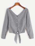 Shein Vertical Striped Knotted Hem Button Blouse