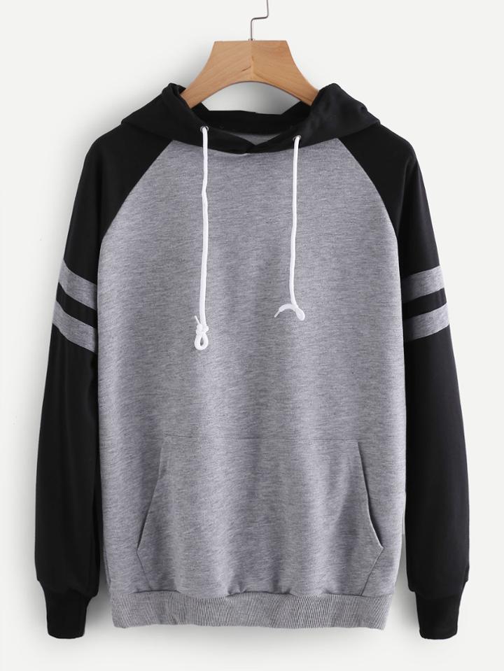Shein Contrast Raglan Sleeve Varsity Striped Marled Hoodie