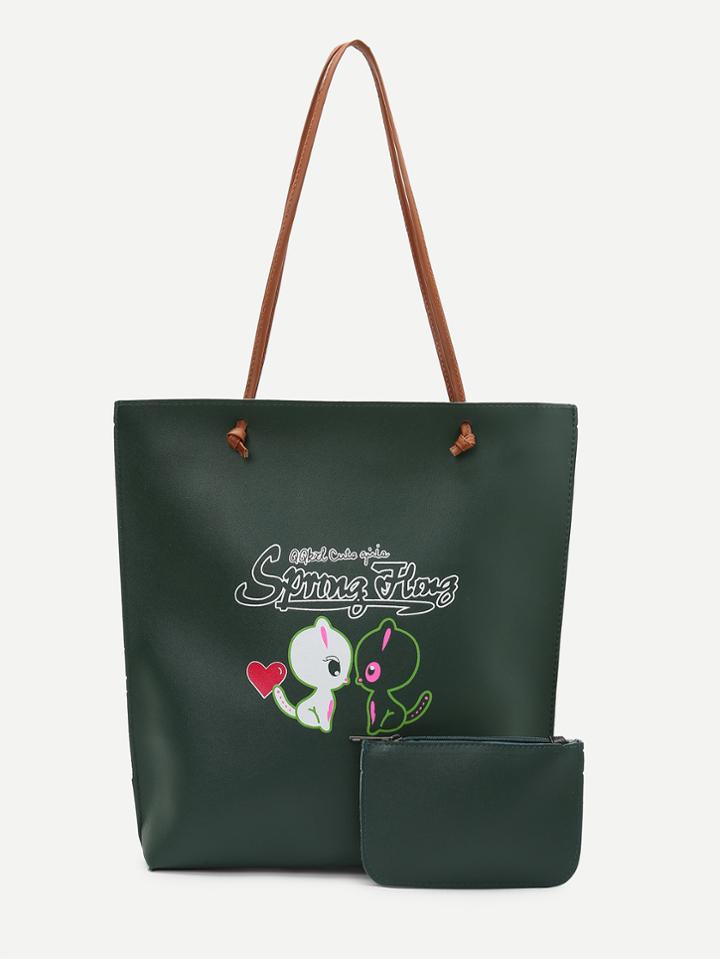 Shein Cartoon Print Shopper Bag With Inner Clutch
