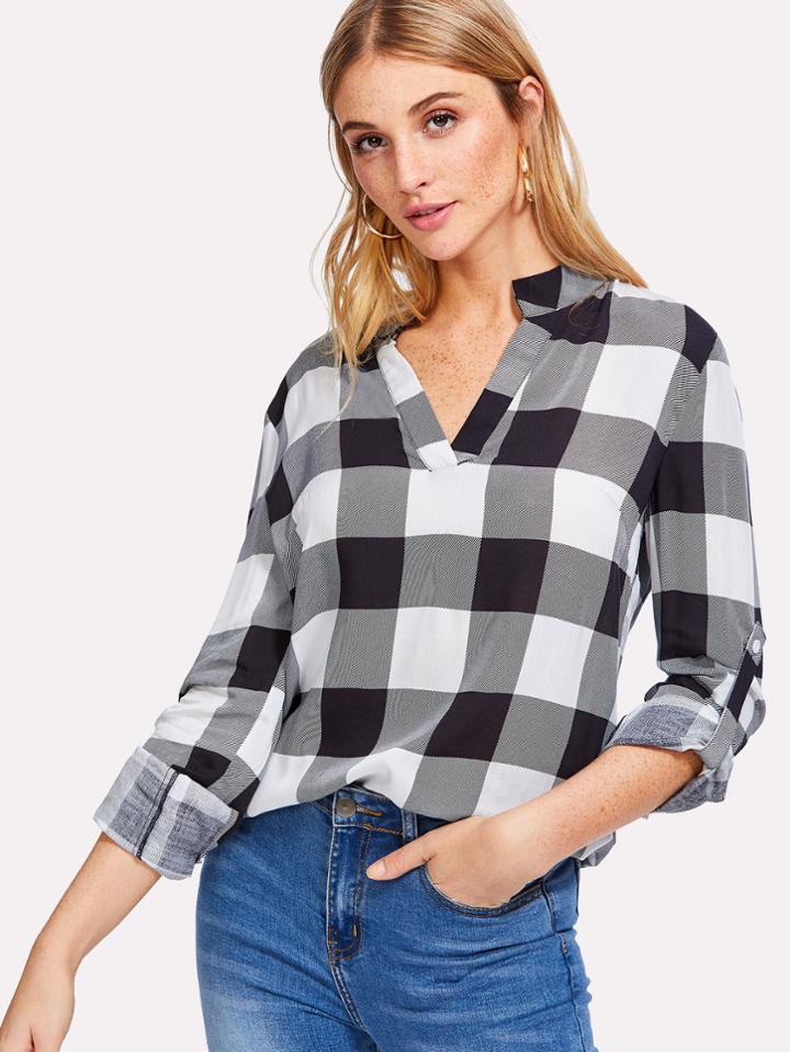 Shein V Placket Roll Sleeve Check Blouse