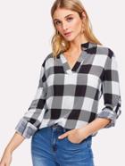 Shein V Placket Roll Sleeve Check Blouse