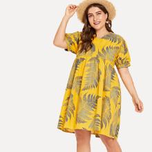 Shein Plus Plant Print Puff Sleeve Dress
