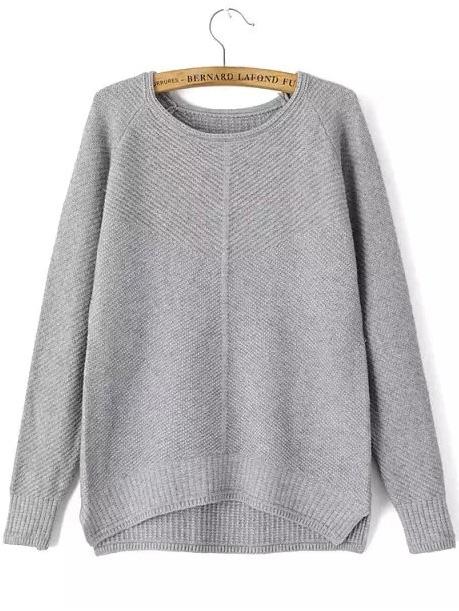 Shein Round Neck Dip Hem Slit Grey Sweater