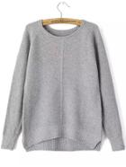 Shein Round Neck Dip Hem Slit Grey Sweater