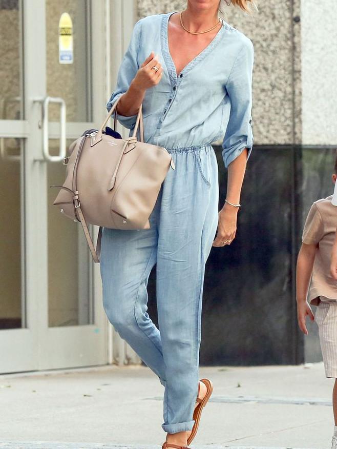 Shein Blue V Neck Buttons Denim Jumpsuit