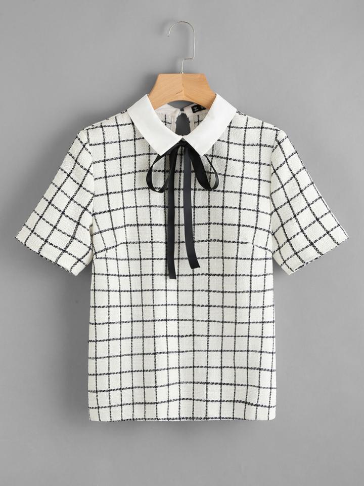 Shein Bow Tie Neck Grid Blouse