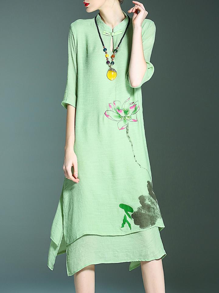 Shein Green Collar Flowers Print Shift Dress