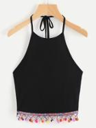 Shein Embroidered Tape And Pom Pom Trim Halter Top