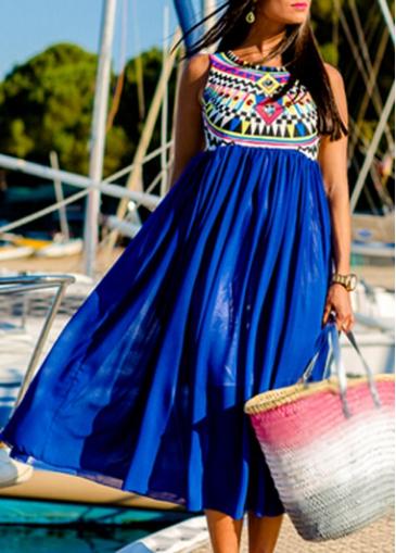 Rosewe Tribal Print Sleeveless Blue High Waist Dress