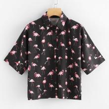 Shein Flamingos Print Single Breasted Shirt