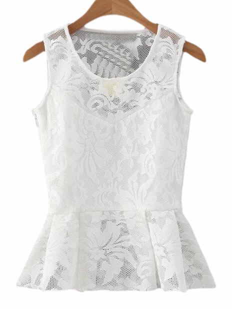 Shein White Sleeveless Slim Lace Blouse