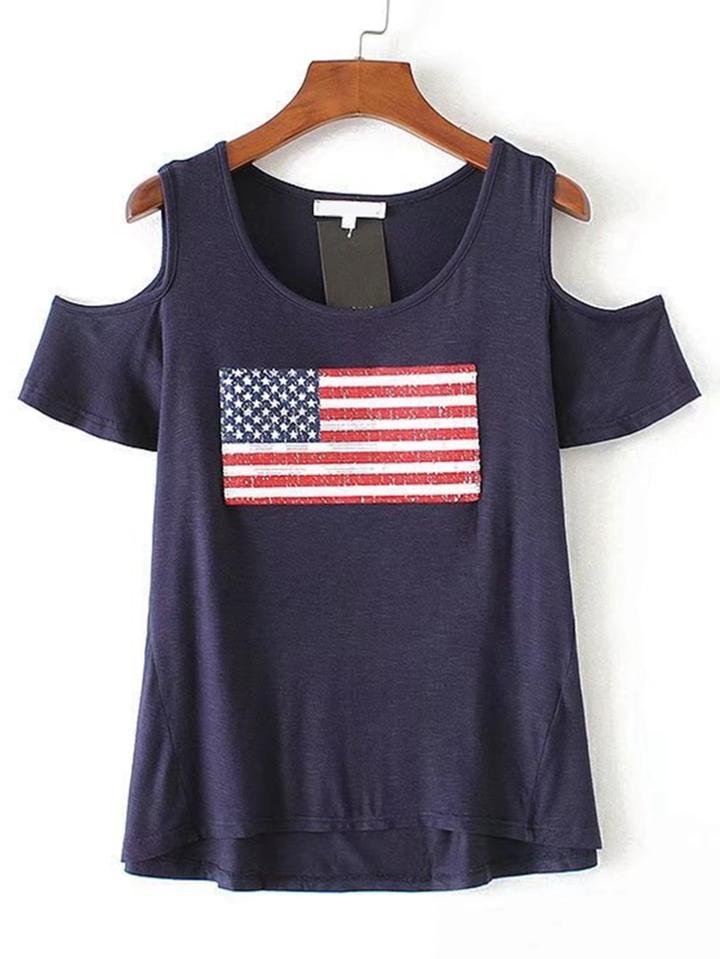 Shein Cold Shoulder High Low Tee With Sequin Detail