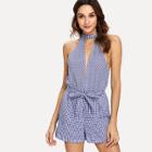 Shein Plaid Belted Halter Backless Fringe Jumpsuit