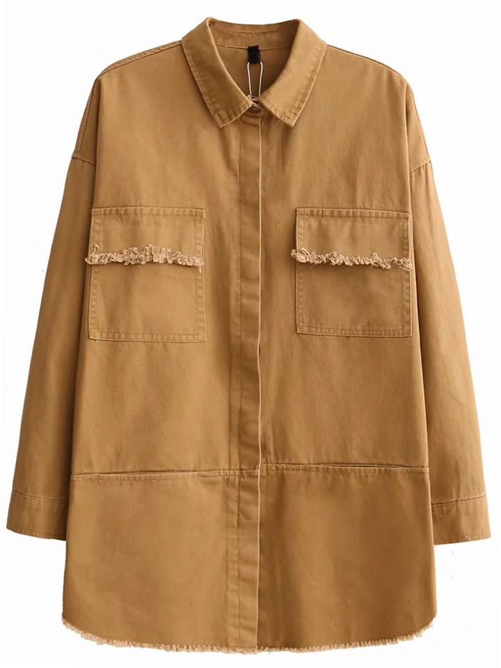 Shein Khaki Embroidered Back Frayed Detail Coat