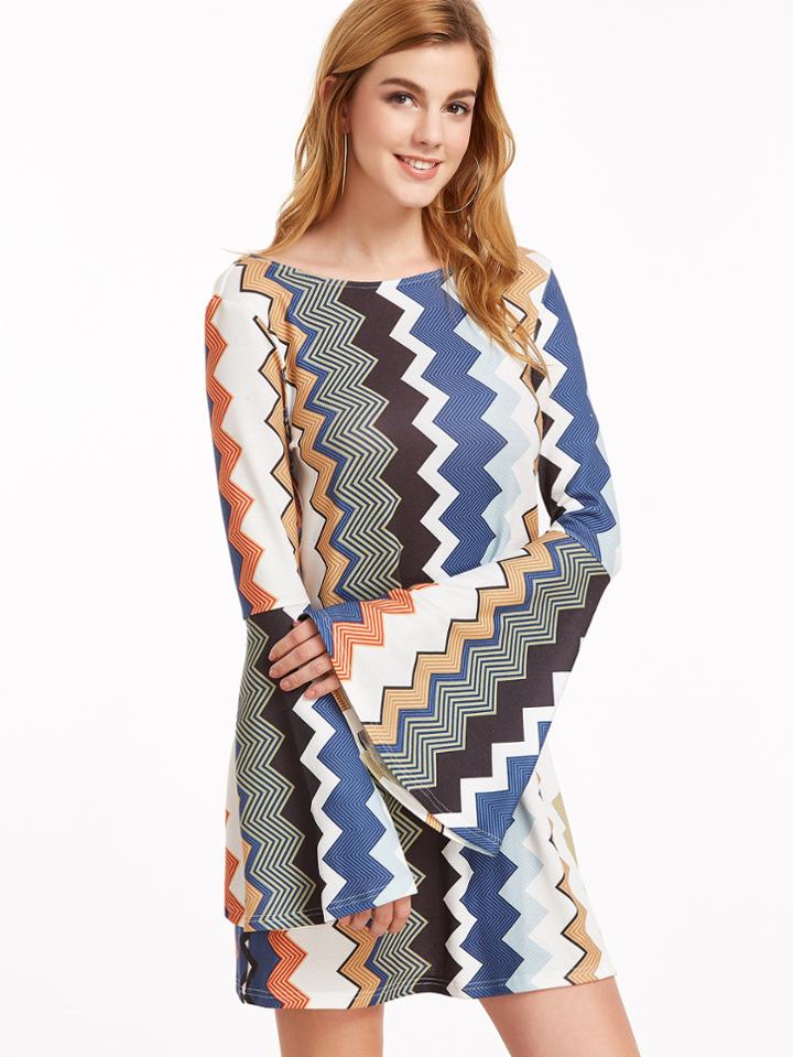 Shein Multicolor Chevron Print Bell Sleeve Lace Up Back Dress