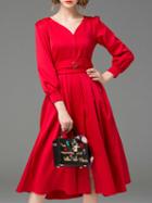 Shein Red V Neck Pockets Obi Split Dress