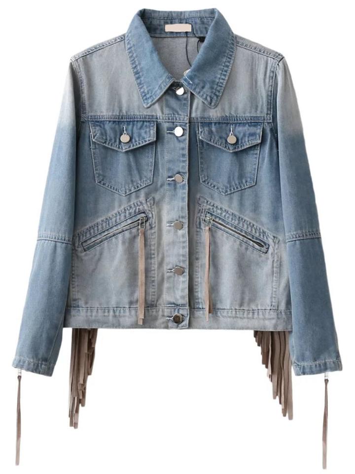 Shein Blue Zipper Sleeve Fringe Detail Denim Jacket