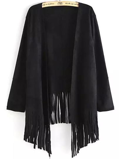 Shein Black Long Sleeve Tassel Loose Coat