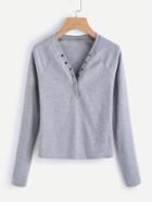 Shein Heather Knit Press Button Plunge Neck Tee