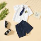 Shein Girls Patched Blouse And Plain Shorts Set With Tie