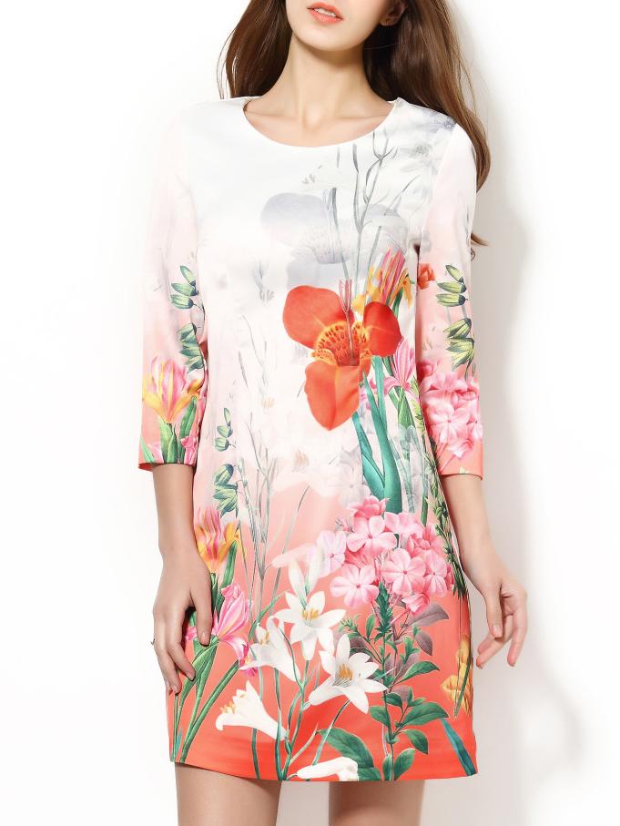 Shein White Crew Neck Floral Shift Dress