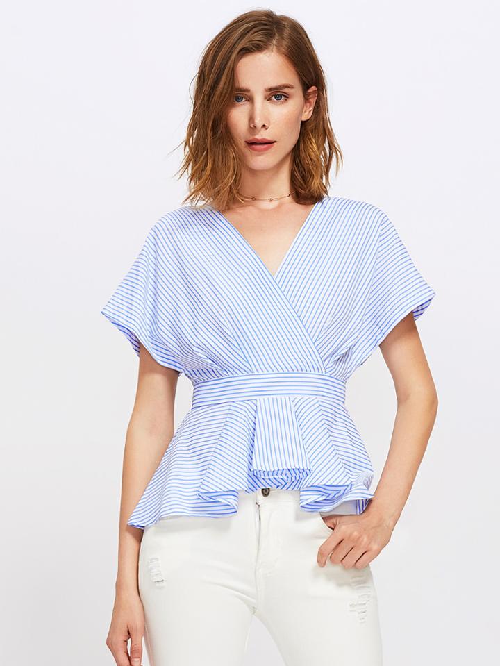 Shein Box Pleated Surplice Wrap Pinstripe Peplum Top