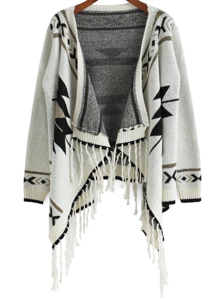 Shein Beige Long Sleeve Snowflake Print Tassel Cardigan