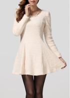 Rosewe Adorable Round Neck Long Sleeve Mini Dress Beige