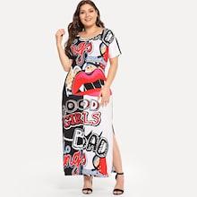 Shein Plus Split Lip And Letter Print Dress