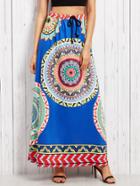 Shein Blue Tribal Print Drawstring Waist Maxi Skirt