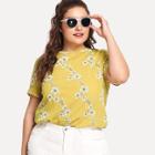 Shein Plus Button Keyhole Back Blossom Print Top