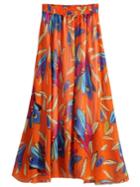 Shein Orange Feather Print Chiffon Skirt With Elastic Waist