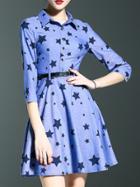 Shein Purple Lapel Belted Stars Print A-line Dress