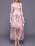 Shein Pink Sheer Gauze Embroidered Maxi Dress