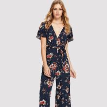 Shein Belted Waist V-neck Floral Jumpsuit