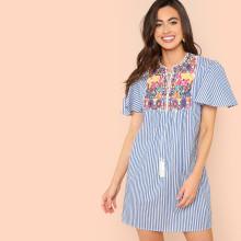 Shein Tassel Tie Neck Embroidered Yoke Dress