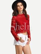 Shein Red Long Sleeve Pom Pom Trim Lace Blouse