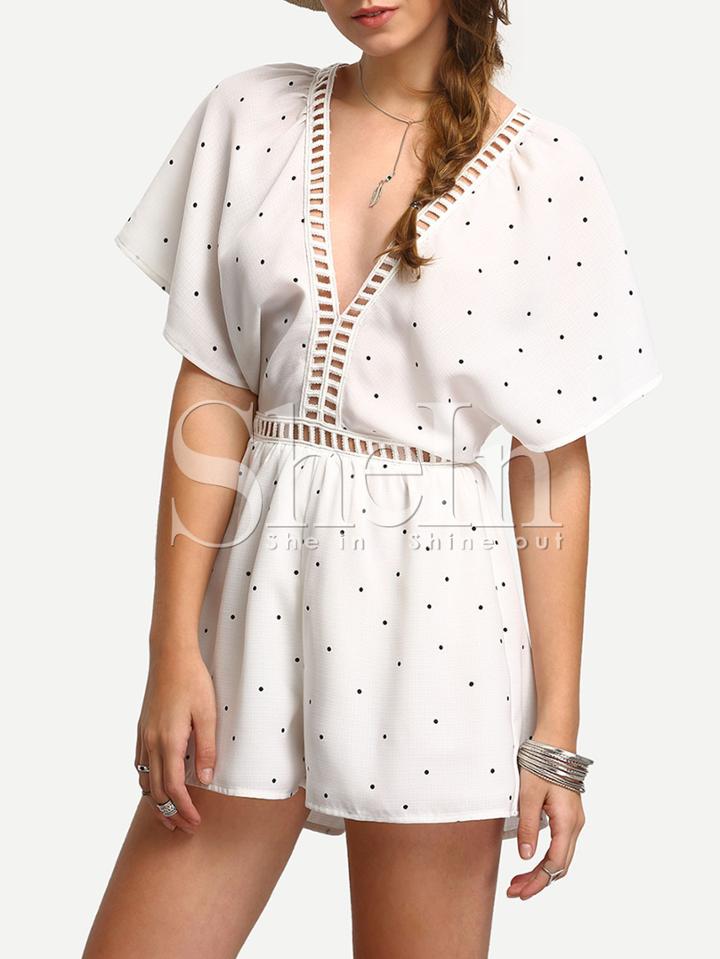 Shein White Hollow Insert Cape Sleeve V Back Jumpsuit