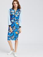 Shein Blue Letter Print Stand Collar Baseball Jacket With Skirt