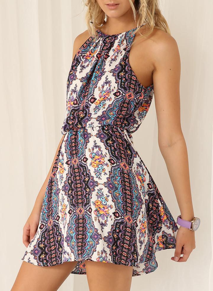 Shein White Spaghetti Strap Tribal Print Dress