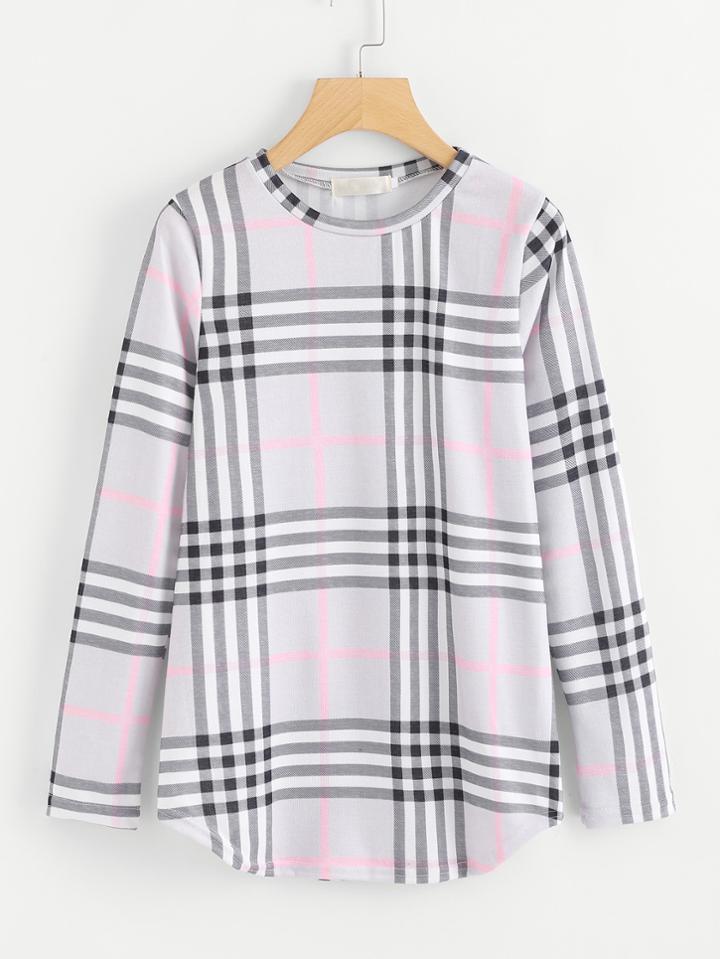 Shein Plaid Curved Hem Tee