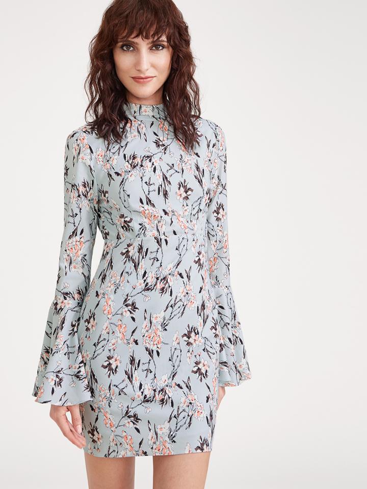Shein Blue Flower Print Tied Open Back Bell Sleeve Dress
