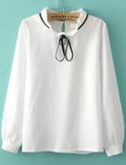 Shein White Tie Collar Long Sleeve Loose Blouse