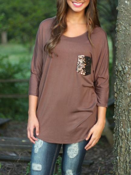 Shein Camel Round Neck Sequined Pocket T-shirt