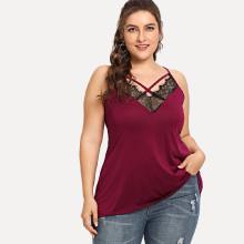 Shein Plus Contrast Eyelash Lace Criss Cross Cami