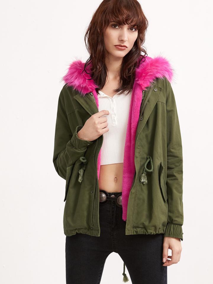Shein Olive Green Utility Jacket With Faux Fur Trim Detachable Vest