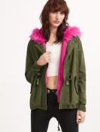 Shein Olive Green Utility Jacket With Faux Fur Trim Detachable Vest