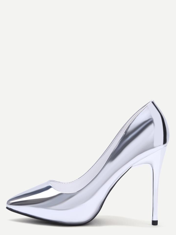 Shein Silver Mirrored Pu Point Toe Stiletto Pumps
