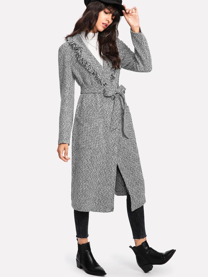 Shein Fringe Trim Self Belted Tweed Coat