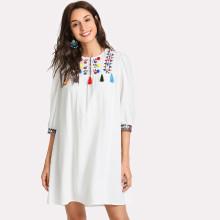 Shein Embroidered Yoke Pompom And Fringe Detail Dress